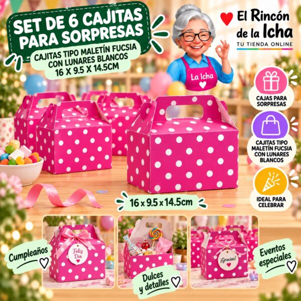 Set de 6 Cajitas para Sorpresas Cajitas Tipo Maletín Fucsia Con Lunares Blancos 16 x 9.5 x 14.5cm Feliz