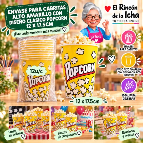 RI-0010064 Envase para Cabritas Alto Amarillo Con Diseño Clásico Popcorn 12 x 17.5cm Feliz