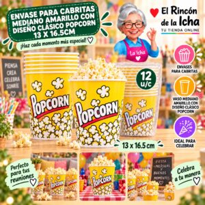 RI-0010066 Envase para Cabritas Mediano Amarillo Con Diseño Clásico Popcorn 13 x 16.5cm Feliz