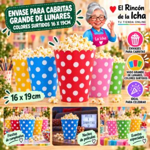 RI-0010067 Envase para Cabritas Grande De Lunares, Colores Surtidos 16 x 19cm Feliz