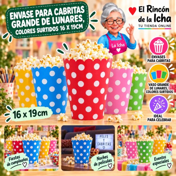 RI-0010067 Envase para Cabritas Grande De Lunares, Colores Surtidos 16 x 19cm Feliz