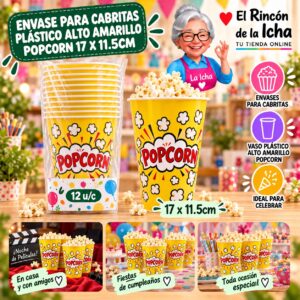 RI-0010068 Envase para Cabritas Plástico Alto Amarillo Popcorn 17 x 11.5cm Feliz