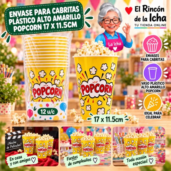 RI-0010068 Envase para Cabritas Plástico Alto Amarillo Popcorn 17 x 11.5cm Feliz