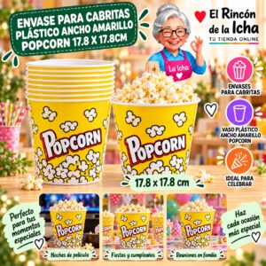 RI-0010069 Envase para Cabritas Plástico Ancho Amarillo Popcorn 17.8 x 17.8cm Feliz