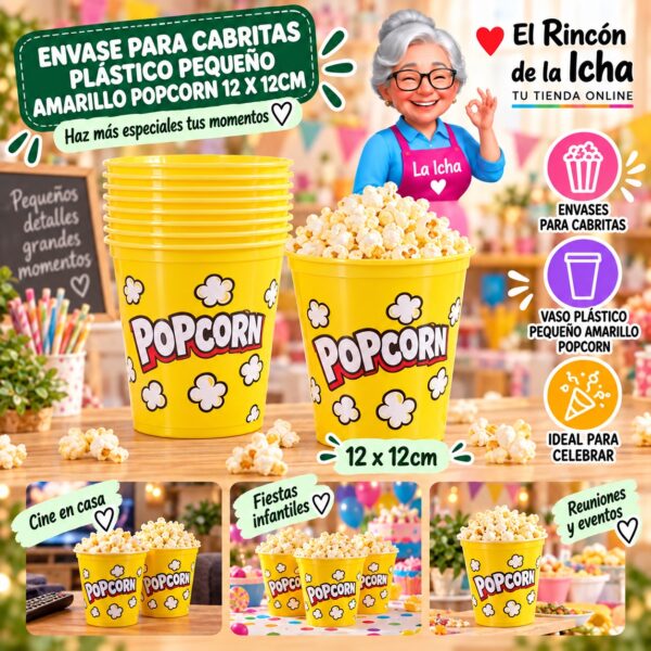 RI-0010070 Envase para Cabritas Plástico Pequeño Amarillo Popcorn 12 x 12cm Feliz