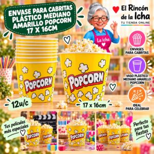 RI-0010071 Envase para Cabritas Plástico Mediano Amarillo Popcorn 17 x 16cm Feliz