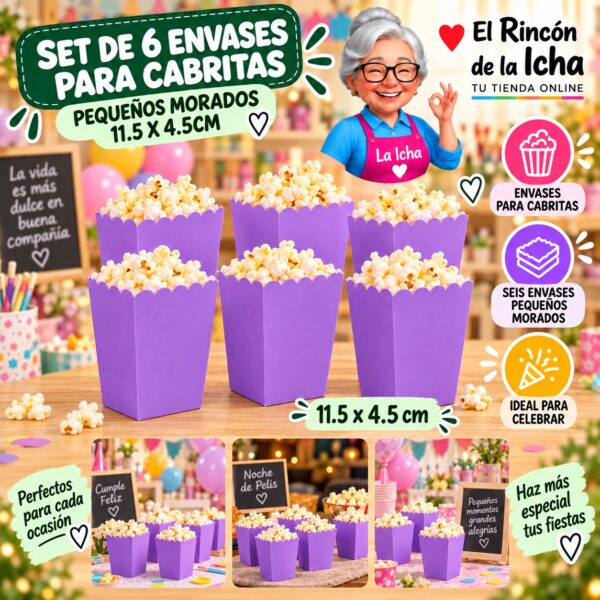 RI-0010073 Set de 6 Envases para Cabritas Pequeños Morados 11.5 x 4.5cm Feliz