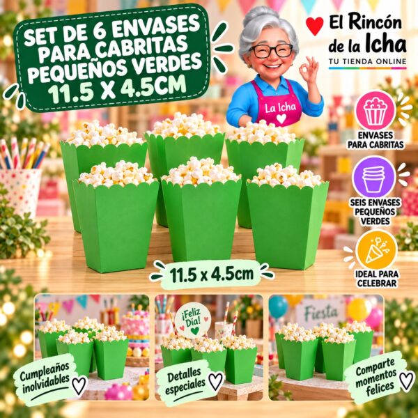 RI-0010074 Set de 6 Envases para Cabritas Pequeños Verdes 11.5 x 4.5cm Feliz