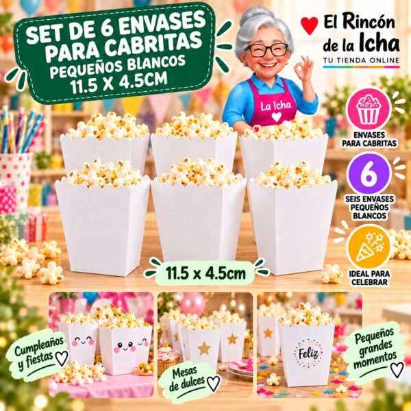 RI-0010077 Set de 6 Envases para Cabritas Pequeños Blancos 11.5 x 4.5cm Feliz