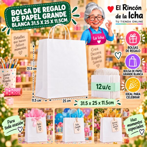 RI-0010079 Bolsa de Regalo De Papel Grande Blanca 31.5 x 25 x 11.5cm Feliz