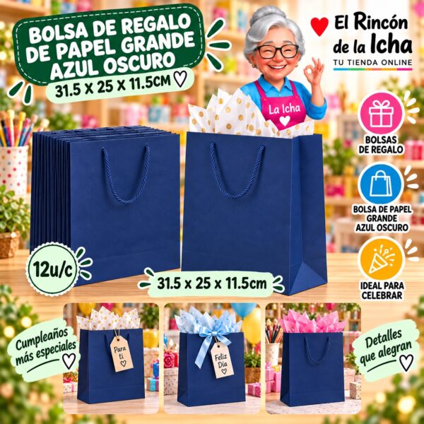 RI-0010080 Bolsa de Regalo De Papel Grande Azul Oscuro 31.5 x 25 x 11.5cm Feliz