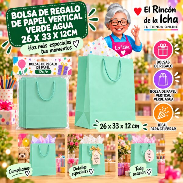 RI-0010081 Bolsa de Regalo De Papel Vertical Verde Agua 26 x 33 x 12cm Feliz