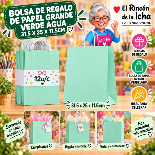 RI-0010082 Bolsa de Regalo De Papel Grande Verde Agua 31.5 x 25 x 11.5cm Feliz