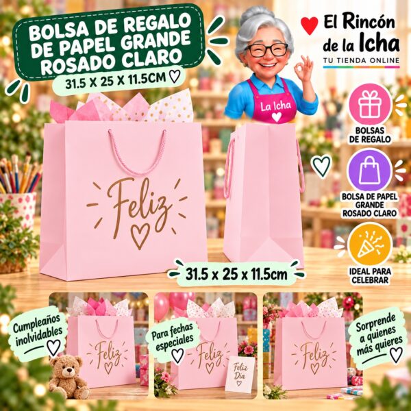 RI-0010083 Bolsa de Regalo De Papel Grande Rosado Claro 31.5 x 25 x 11.5cm Feliz