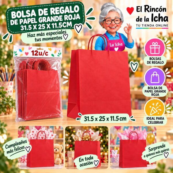 RI-0010084 Bolsa de Regalo De Papel Grande Roja 31.5 x 25 x 11.5cm Feliz