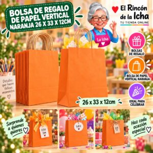 RI-0010085 Bolsa de Regalo De Papel Vertical Naranja 26 x 33 x 12cm Feliz