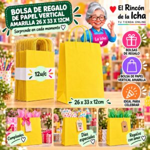 RI-0010087 Bolsa de Regalo De Papel Vertical Amarilla 26 x 33 x 12cm Feliz