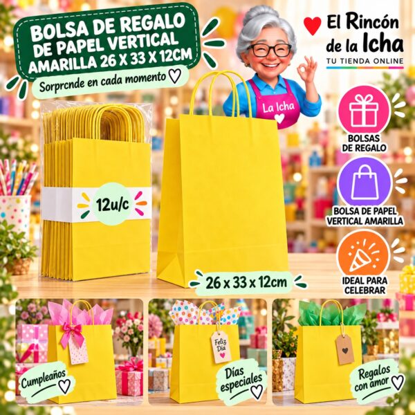 RI-0010087 Bolsa de Regalo De Papel Vertical Amarilla 26 x 33 x 12cm Feliz