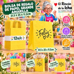 RI-0010088 Bolsa de Regalo De Papel Grande Amarilla 31.5 x 25 x 11.5cm Feliz