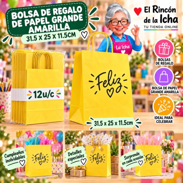 RI-0010088 Bolsa de Regalo De Papel Grande Amarilla 31.5 x 25 x 11.5cm Feliz