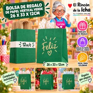 RI-0010089 Bolsa de Regalo De Papel Vertical Verde 26 x 33 x 12cm Feliz