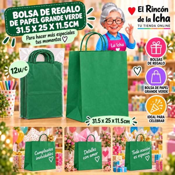 RI-0010090 Bolsa de Regalo De Papel Grande Verde 31.5 x 25 x 11.5cm Feliz