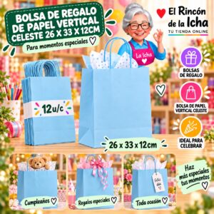 RI-0010091 Bolsa de Regalo De Papel Vertical Celeste 26 x 33 x 12cm Feliz