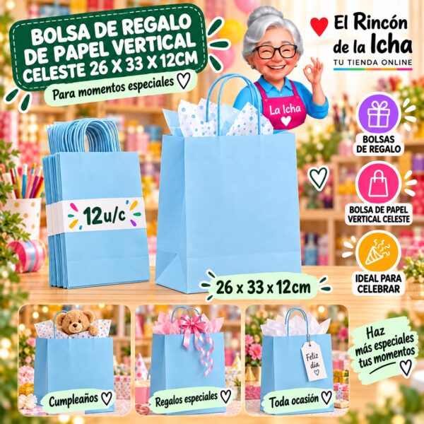 RI-0010091 Bolsa de Regalo De Papel Vertical Celeste 26 x 33 x 12cm Feliz