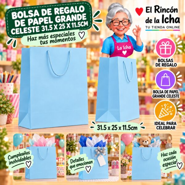 RI-0010092 Bolsa de Regalo De Papel Grande Celeste 31.5 x 25 x 11.5cm Feliz