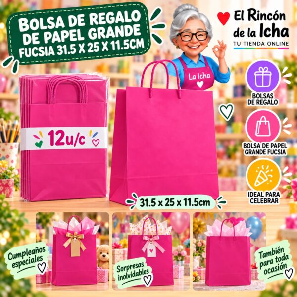 RI-0010094 Bolsa de Regalo De Papel Grande Fucsia 31.5 x 25 x 11.5cm Feliz