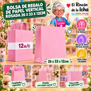 RI-0010095 Bolsa de Regalo De Papel Vertical Rosada 26 x 33 x 12cm Feliz