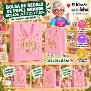 RI-0010096 Bolsa de Regalo De Papel Grande Rosada 31.5 x 25 x 11.5cm Feliz