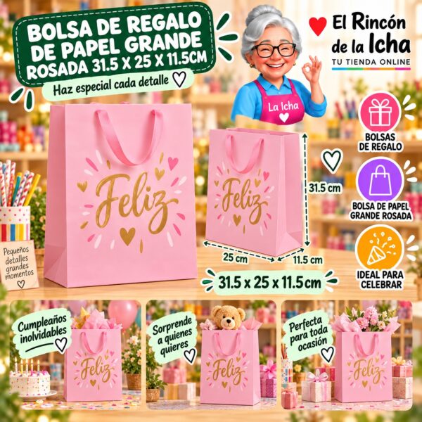 RI-0010096 Bolsa de Regalo De Papel Grande Rosada 31.5 x 25 x 11.5cm Feliz
