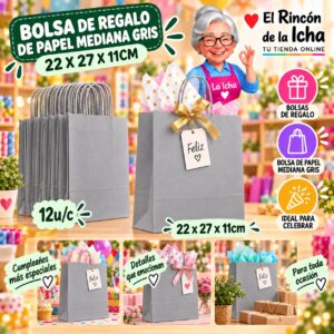 RI-0010097 Bolsa de Regalo De Papel Mediana Gris 22 x 27 x 11cm Feliz