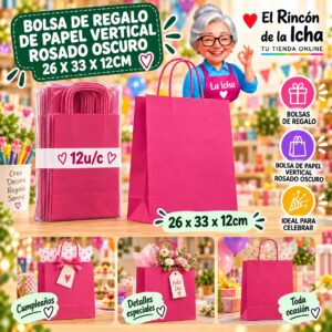 RI-0010100 Bolsa de Regalo De Papel Vertical Rosado Oscuro 26 x 33 x 12cm Feliz