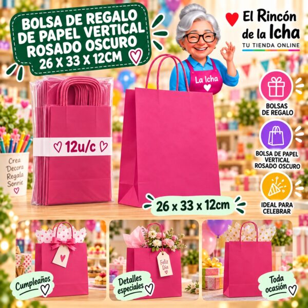 RI-0010100 Bolsa de Regalo De Papel Vertical Rosado Oscuro 26 x 33 x 12cm Feliz