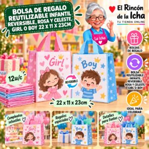 RI-0010101 Bolsa de Regalo Reutilizable Infantil Reversible, Rosa Y Celeste, Girl O Boy 22 x 11 x 23cm Feliz