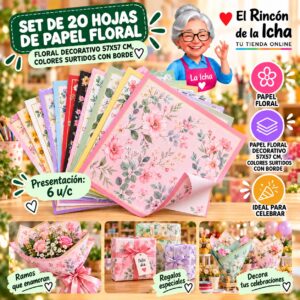 RI-0010102 Set de 20 Hojas de Papel Floral Floral Decorativo 57x57 Cm, Colores Surtidos Con Borde Feliz