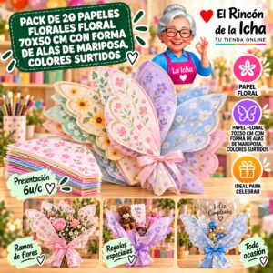 RI-0010103 Pack de 20 Papeles Florales Floral 70x50 Cm Con Forma De Alas De Mariposa, Colores Surtidos Feliz