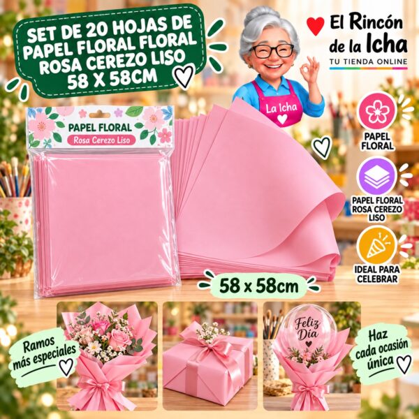 RI-0010104 Set de 20 Hojas de Papel Floral Floral Rosa Cerezo Liso 58 x 58cm Feliz