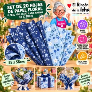 RI-0010105 Set de 20 Hojas de Papel Floral Floral Azul Claro Y Azul Marino 58 x 58cm Feliz