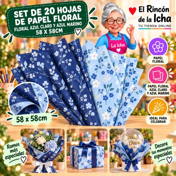 RI-0010105 Set de 20 Hojas de Papel Floral Floral Azul Claro Y Azul Marino 58 x 58cm Feliz