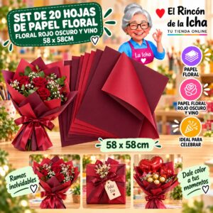 RI-0010106 Set de 20 Hojas de Papel Floral Floral Rojo Oscuro Y Vino 58 x 58cm Feliz