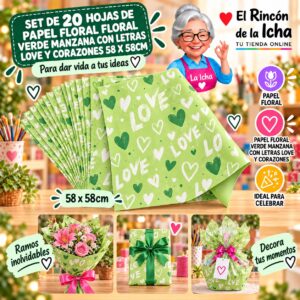 RI-0010108 Set de 20 Hojas de Papel Floral Floral Verde Manzana Con Letras Love Y Corazones 58 x 58cm Feliz