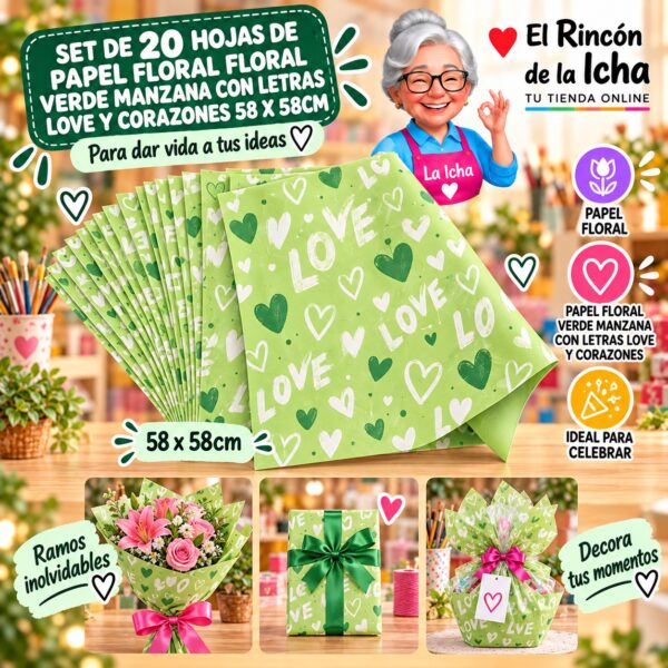 RI-0010108 Set de 20 Hojas de Papel Floral Floral Verde Manzana Con Letras Love Y Corazones 58 x 58cm Feliz