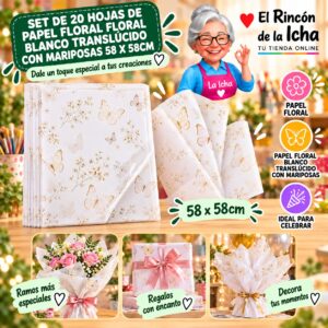 RI-0010109 Set de 20 Hojas de Papel Floral Floral Blanco Translúcido Con Mariposas 58 x 58cm Feliz