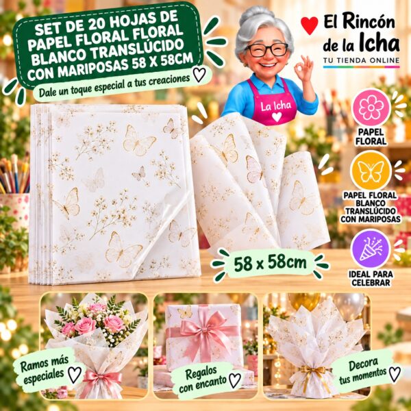 RI-0010109 Set de 20 Hojas de Papel Floral Floral Blanco Translúcido Con Mariposas 58 x 58cm Feliz