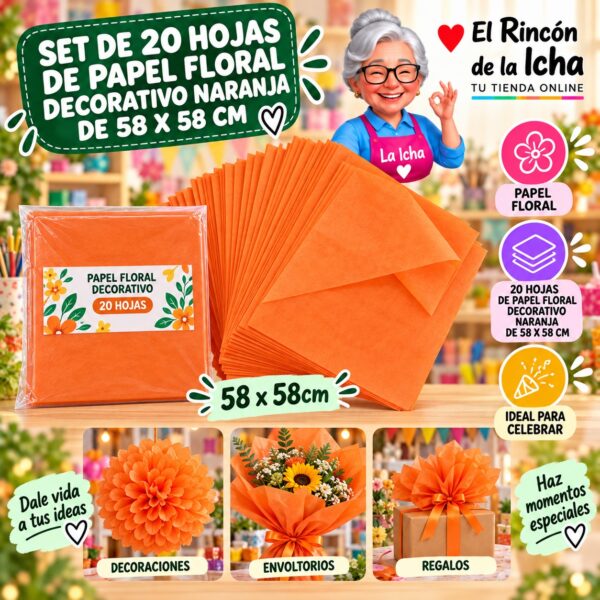 RI-0010110 Set de 20 Hojas de Papel Floral Decorativo Naranja De 58 X 58 Cm Feliz