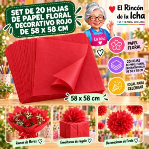 RI-0010111 Set de 20 Hojas de Papel Floral Decorativo Rojo De 58 X 58 Cm Feliz