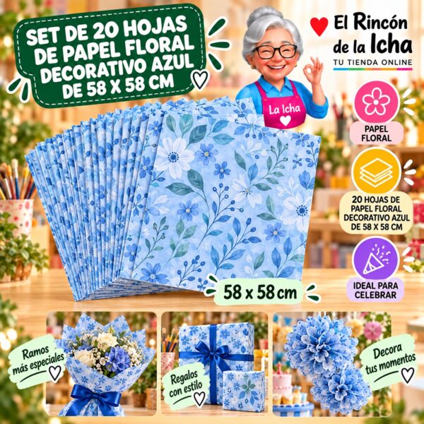 RI-0010112 Set de 20 Hojas de Papel Floral Decorativo Azul De 58 X 58 Cm Feliz
